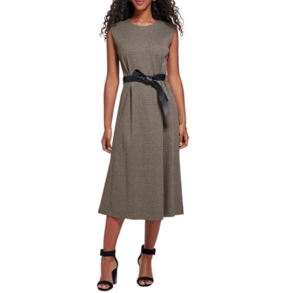 NEW Calvin Klein Sleeveless A-line Dress Belted Lurex Black Brown Tan Size 4